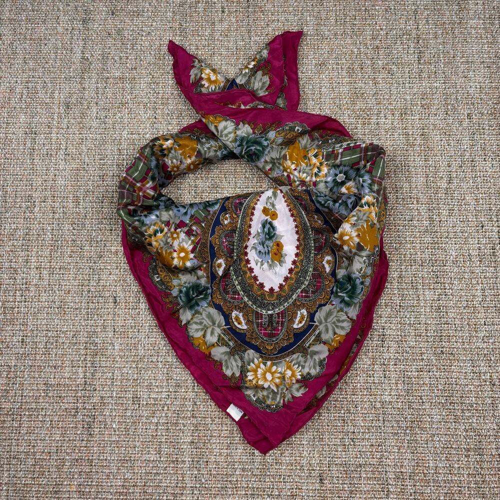 🌺 Vintage Sacha for Basha Silk Floral Scarf | 29" Square | Burgundy Multi